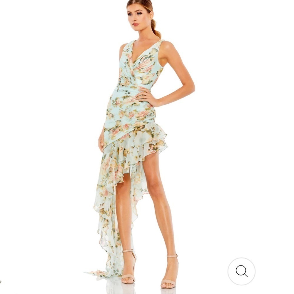 Mac Duggal FLORAL PRINT ASYMMETRICAL RUFFLE HEM DRESS size 8